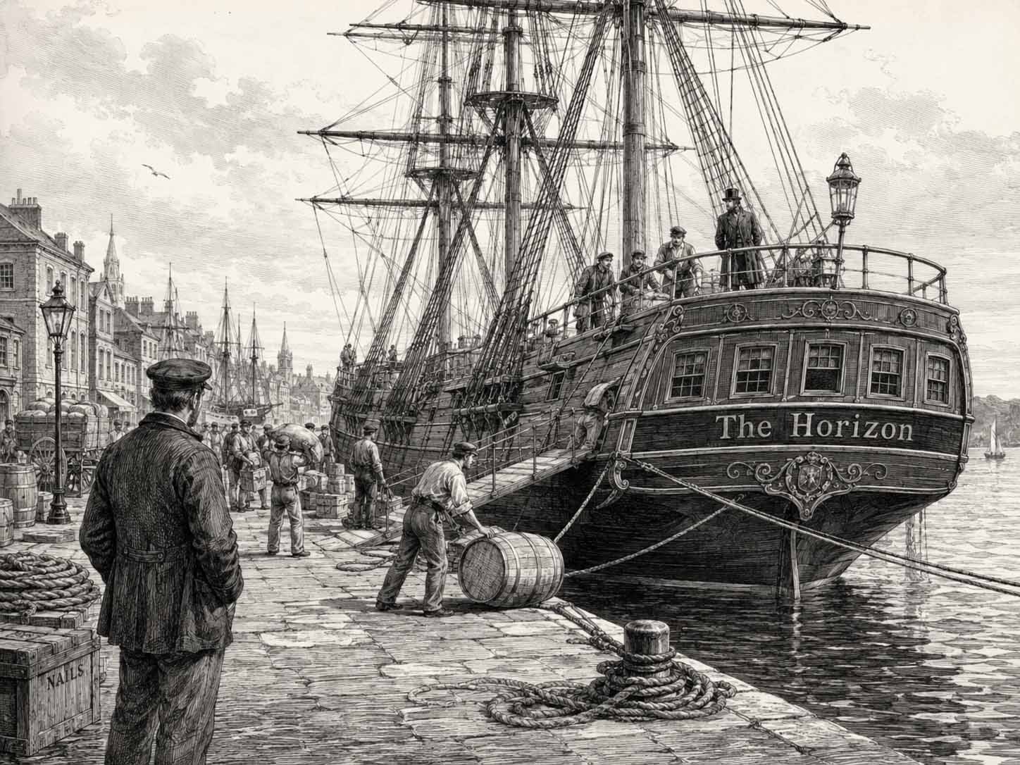 The Horizon 2A The Horizon moored at a nineteenth-century harbor, with sails furled and dockworkers on the wharf.